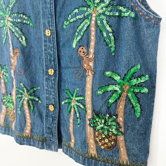 Life Style Denim Sequin Tropical Monkey Vest Size M - Picture 4 of 8